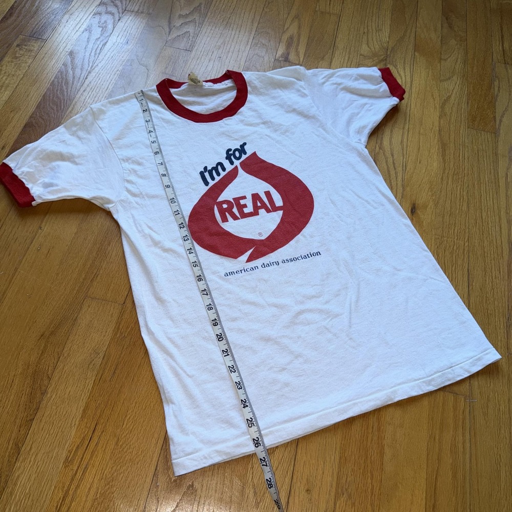 Vintage Screen Stars Shirt Mens L White Ringer I'm For Real Dairy Promo 80s‎ Tee - Picture 11 of 11